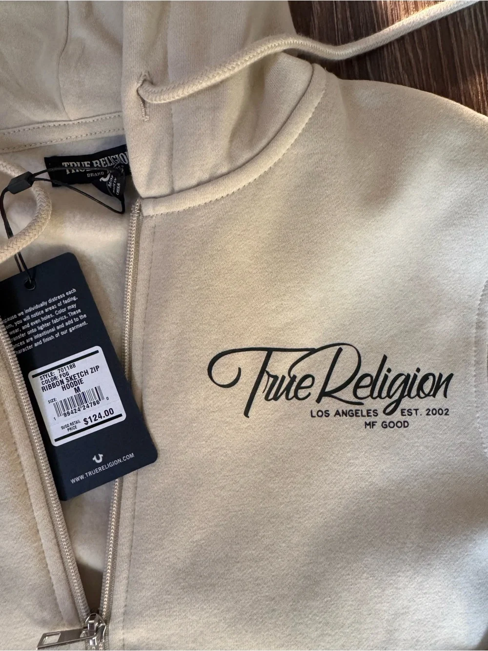 NWTTrue Religion Men's Cream Zip-Up Hoodie M